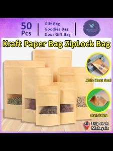 50pc Kraft Paper Zip lock Bag Mate Window Zipper Resealable Food Packing Goodies Gift Bag Doorgift Ziplock Snack Cookies (57)Packaging Kraft Paper Beg