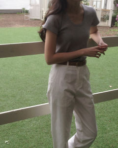 Miki Studio 95% Cotton Slim Fit U-Neck Short Sleeve T-Shirt Comfortable Korean Style Commute Pure Color Summer Top