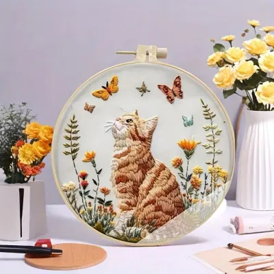 DIY Cat and Flower Embroidery Kit for Beginners - Complete handmade cross stitch kit mixing colors fabric materials and animal