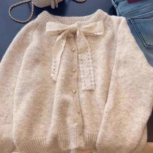Áo Len Cardigan Ren Thắt Nơ Dày Dặn Cho Nữ Áo Khoác Ngoài Mềm Mại Thoải Mái Áo Len Cardigan Cổ Tròn Dài Tay Mùa Thu Đông Thường Ngày