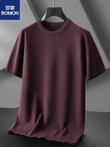 Romon Mens Half Sleeve round Neck Knitwear Large Size plus Size Fat Mens Autumn Solid Color Short Sleeve Sweater Fashion Urban Business Casual