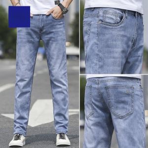 ROMON | Romon Ice Silk Jeans Mens Summer Thin Straight Loose Elastic Casual Light Blue Denim 9 Split Pants Youth Fashion Cotton Polyester Spandex Blend