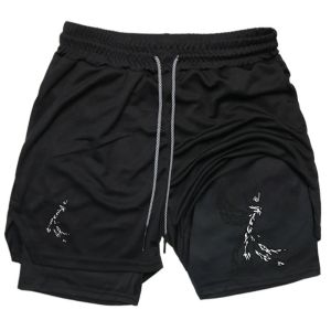 Phoenix Print 2 in 1 Running Shorts Mens Gym Fitness Training Quick Dry Short Pants Male Outdoor Sport Jogging Pocket Bermuda