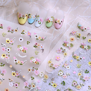 1Pcs 5D Embossed White Yellow Daisy Nail Stickers Pastel Cherry Blossom Clover Nails Decals Spring Wildflower Manicure Sliders 2