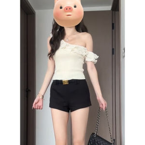 YUEZHONGWEI | French Style One Shoulder Knitted Crop Top Women Summer Outdoor Wear Slim Fit Shoulder Exposure Short Shirt