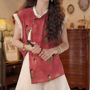 Shalldoer | Áo sơ mi nữ tay ngắn rộng rãi in họa tiết phong cách dân tộc mùa hè mới đẹp Áo sơ mi thường ngày Polyester V-neck không tay