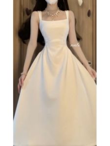 Hebe Style White Strapless A-Line Dress Women Summer French High Waist Slimming Long Dress Elegant Korean Version No Sleeve