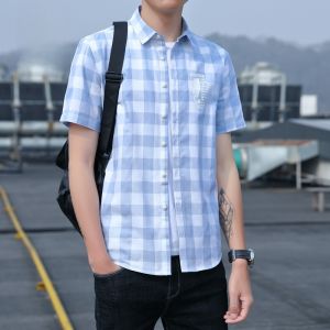 ROMON | Lormen Mens Short Sleeve Shirt Summer Thin Fashion Print Handsome Youth Plaid Pure Cotton Casual Shirt Mens Clothing