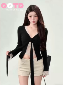 KimiB พร้อมส่ง🍧🧸เสื้อยืดแขนยาว เสื้อลูกไม้สองชั้นติดกัน คอวี มีเชื่อกผูกโปว์ได้ ทรงเข้ารูป หรูเริ่ด เซ็กซี่แฟชั่นสาวเกาหลี