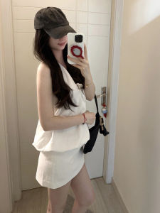 Y6Y | Korean Style White V-Neck Off-the-Shoulder Sleeveless Top with Pencil Skirt