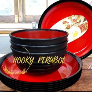 SET 6 PCS RAMEN MERAH ULIR TEBAL DOP DUA WARNA PIRING RAMEN TERLARIS
