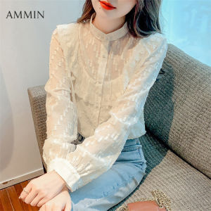 AMMIN 2023 Autumn new womens long sleeve lace embroidery lace chiffon shirt Korean-style fashion temperament loose and versatile texture long sleeve ruffle lace chiffon Tops
