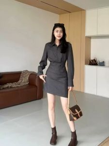 New style retro lapel old money style waist slim design striped shirt dress