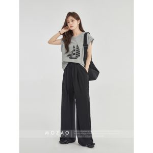 MoZao High Waist Straight Leg Casual Pants Womens Lightweight Loose Wide Leg Summer New Gray Color Comfortable Casual Trousers