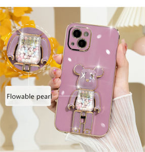 Casing for VIVO Y35 / Y22s / Y22 / Y16 / Y02A / Y02 / Y02s / Y11 2019 / Y12 / Y15 / Y17 / Y19 / Y20 / Y20i / Y20S / Y12S / Y12A / Y21 / Y21S / Y21T / Y33S / Y33T / T1X Luxury Electroplating Pearl Bear Soft TPU Case + Folding Phone Holder