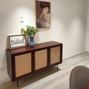 Solid Wood Sideboard Rattan Entrance Cabinet TV Cabinet Scandinavian Living Room Storage Cabinet Minimalist Modern Locker Tea Cabinet