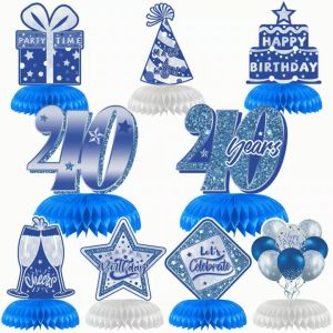 40th Birthday Decorations 9 Pieces Happy Birthday Party Decorations Birthday Table Centerpieces Happy Birthday Honeycomb Centerpieces for Men and Woman Birthday Party Supplies (Blue Silver)