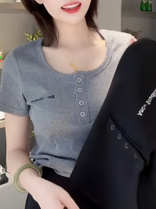 Slim Fit Pure Cotton Half Open Collar Short Sleeve T-Shirt Womens Fashionable Versatile Basic Half Sleeve Top in Grey for Summer 2025