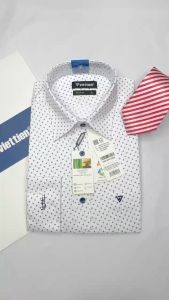 Áo sơ mi dài tay Việt Tiến trắng chấm họa tiết 1R6477 - Regular vạt bầu