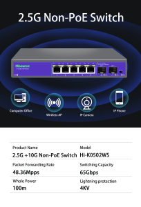 Hisource 5 8 Port 2.5G Ethernet Switch None-POE Network Switch with 2*10G SFP+ for IP Camera/NVR