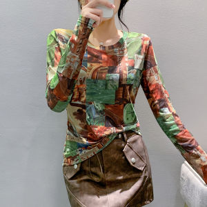 YIMEI เสื้อยืดผู้หญิงไซส์ใหญ่พิเศษเทรนด์2023ฤดูใบไม้ร่วงทรงสลิมฟิตแฟชั่นเสื้อพิมพ์ลายตาข่ายแขนคอกลมยาวป้องกันแสงแดด