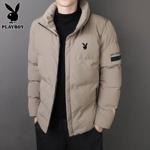 Playboy Mens down Jacket 2024 New Fashion Hooded Warm Winter Short Coat Stand Collar Thickened Polyester Fiber Pure Color