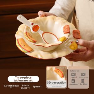 SHELI | Cute Cartoon Ceramic Rice Bowl Set with Creative Bowls and Plates