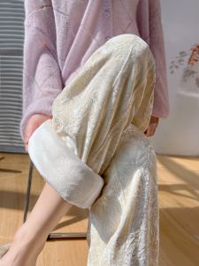 Quần Ống Rộng Nhung Kẻ Dày Cạp Cao Cho Nữ Mùa Thu Đông Quần Ống Rộng Nhún Bèo Nhún Xếp Ly Thoải Mái Thường Ngày