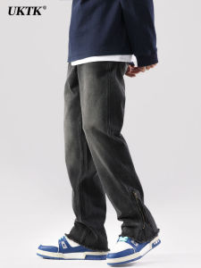 UKTK Mens Loose Straight Leg Jeans Black Wide Hem Floor-Length Zipper Pocket Youth Trendy Cotton Polyester Blend Trousers