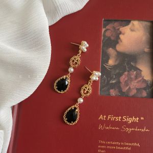 Retro Black Gem Pearl Design Dream Dance Long Drop Earrings Court Style Womens Fashion Jewelry Ear Clips Elegant Sensation