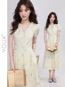 YOUXIANG | Đầm Dài V-neck Ruffle Patchwork Hoa