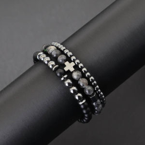 Fashion 3Pcs Men Bracelet Set Natural Tiger Eyes Lava Stone Beaded Cross Braclet Hematite Healing Braslet Gift For Him Pulseria