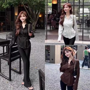Elegant Two-Way Silk Satin Shirt Womens Early Autumn New Style Subtle Pattern Commute Korean Style Slim Fit Long Sleeve Polo Collar