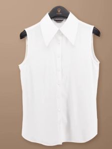 Professional Breathable Sleeveless Sharp Collar Base Layer Shirt Womens Style Commute Pure Color Versatile Office Shirt