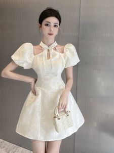 French Style Bubble Sleeve Dress Womens Summer High Waist Flared Skirt Slimming Short Dress Princess Elegant A-Line Skirt