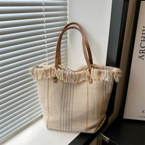 2024 New Commuter Canvas Tote Bag Fashion Large Capacity Single Shoulder Fringe Woven Bag Canvas Purse Daily Match Handbag