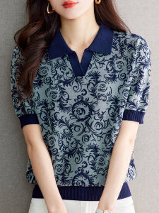 Polo Lapel Ice Silk Short Sleeve T-shirt Womens Summer Thin Mom Wear Loose Plus Size Fashion Print Knitting Tops
