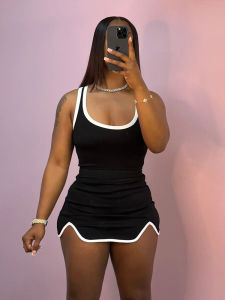 Weird Puss Casual Simple Women 2 Piece Set Tracksuit Skinny Tank Tops+Irregular Hem Skirts Matching Stretch Streetwear Outfits