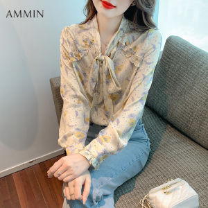 AMMIN Áo Sơ Mi Họa Tiết Hoa Cá Tính Thời Trang Tay Dài Phong Cách Hàn Quốc Cho Nữ Áo Sơ Mi Xếp Nếp Cổ Thắt Nơ Mới Mùa Thu Áo Dài Tay