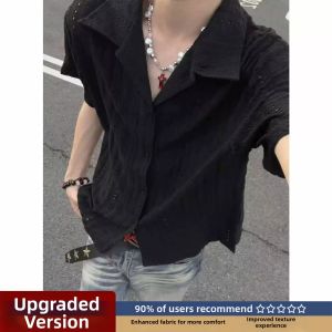 Havana Collar Hollow Short Sleeve Shirt Summer Knit Jacquard
