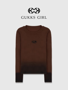 Womens Slim Fit Long Sleeve T-Shirt Embroidered Gradient Color Base Layer Shirt Korean Style round Neck Cotton Blend