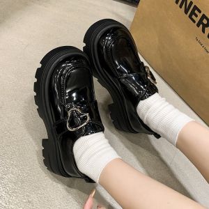 Glossy Black Thick Bottom Loafers British Style Fashion Single Shoes Matte Finish Versatile Leather Shoes round Toe mid Heel