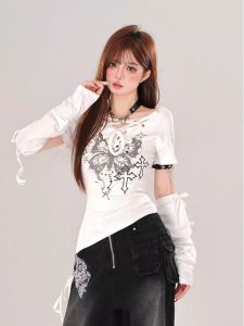 American Style Butterfly Print Knot Short Sleeve T-Shirt Womens Summer Asymmetric Design Slimming Top Breathable Polyester Fiber