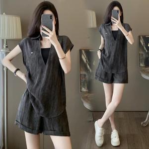 Summer 2026 Womens Lazy Loose Feeling Set Casual Sport Short Sleeve Top Two Piece Suit V-neck Loose Fit Comfortable Shorts