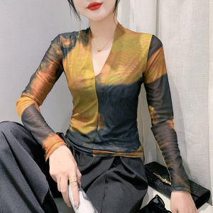 REHIN Autumn New V-Neck Fashion Printed Mesh Long Sleeve Slim Fit T-Shirt Versatile Base Layer Elegant Womens Top