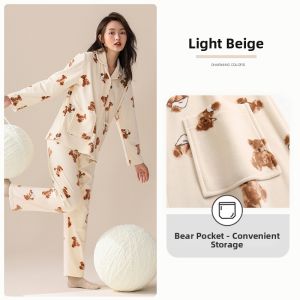 JIALEFEN | Ladies Flannel Coral Fleece Thickened Thermal Pajamas Home Wear