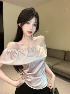 GUZILIAN | French Elegance One Shoulder Tulip Collar Short Sleeve T-Shirt Women Summer New Style Slimming Exposed Shoulder Short Top