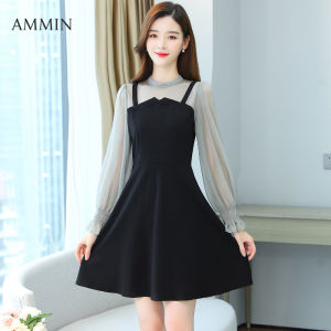 AMMIN ชุดเดรสแขนยาวจับจีบสีดำ - ผ่าข้างผ้าชีฟองปลอม2ท่อนสไตล์เกาหลี