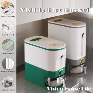 Vision 5kg/10kg Press Type Rice Bucket Narrow Type Rice Storage Box with Time Scale Slit Flour Grains Sealed Dispenser Household Storage Container Anti-moisture and Insect-Proof