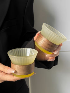 Matte Gradient Yellow Waist-Cinching Stripe Glass Cup Cold Drink Cup High-End Feeling Heat Resistant Bamboo Cover Home Drinking Cup Coffee Cup